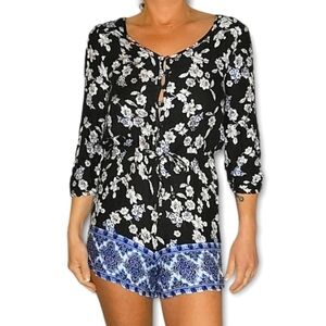 American Rag Romper Shorts Button Up Small Black Blue Floral Quarter Sleeve